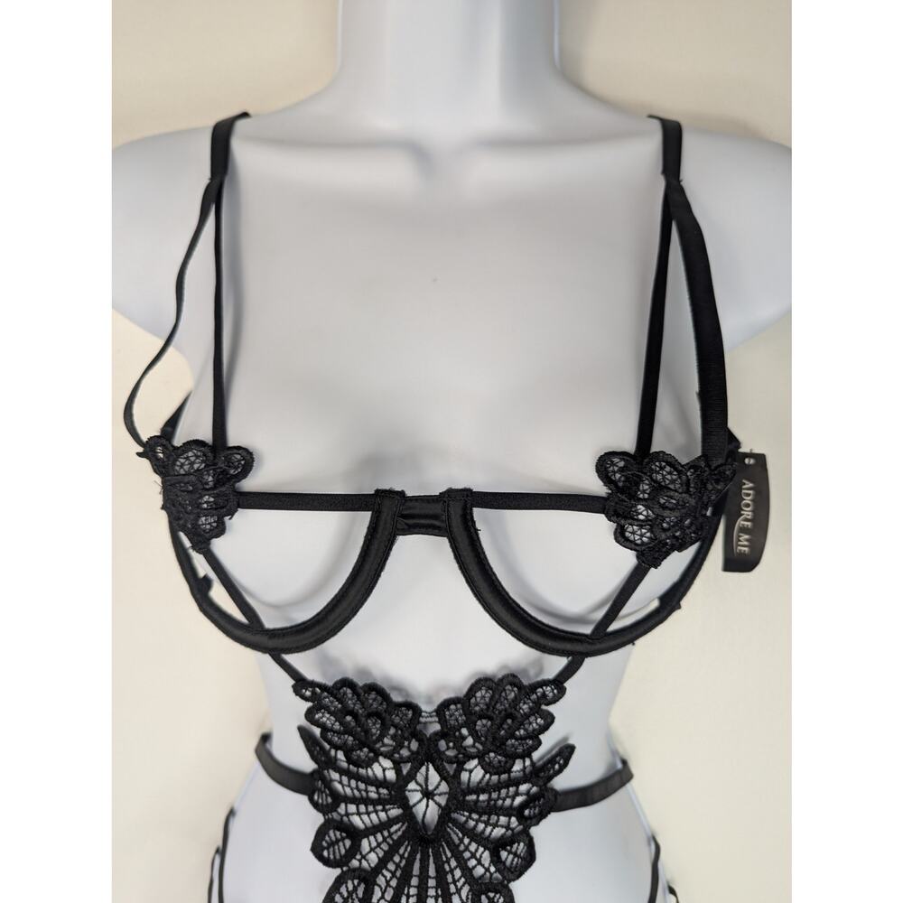 NWT Adore Me Black Sexy Strappy Underwire Venise Detail Thong Lingerie Teddy - Picture 4 of 9